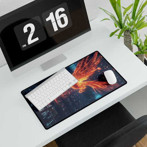 Digital Phoenix Rising from Old Server — XL Gaming Desk Mat — Gaming & Workspace Desk Setup View