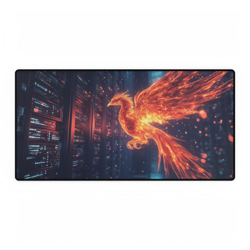 Digital Phoenix Rising from Old Server — XL Gaming Desk Mat — Full Top-Down Artwork View