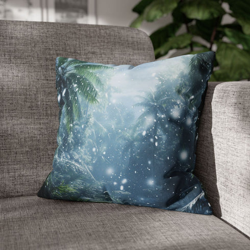 Digital Snow Falling in Tropical Jungle — Faux Suede Cushion Cover — Sofa & Living Room Lifestyle View