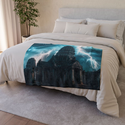 Digital Storm Above Ancient Temple — 50×60 Plush Throw Blanket — Draped Over Sofa & Bed Lifestyle View