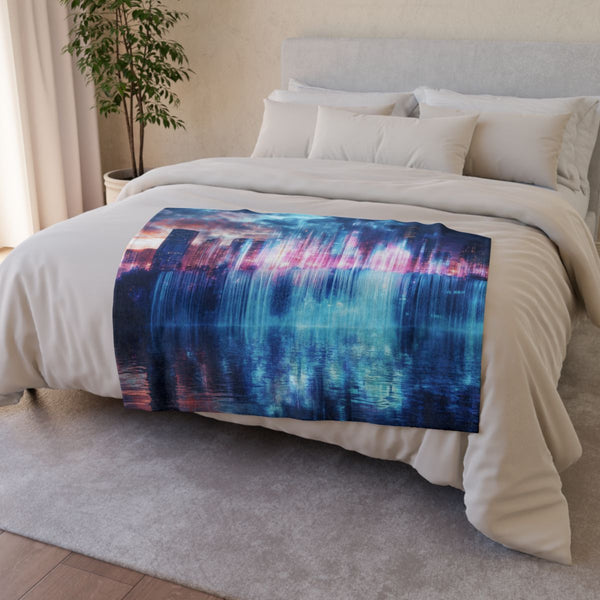 Digital Waterfall Cascading Across Skyli — Plush Fleece Throw Blanket — Drape over Sofa & Bed Lifestyle View