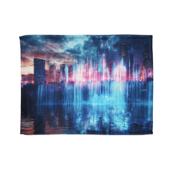 Digital Waterfall Cascading Across Skyli — Plush Fleece Throw Blanket — Full Spread Plush Fleece Artwork View