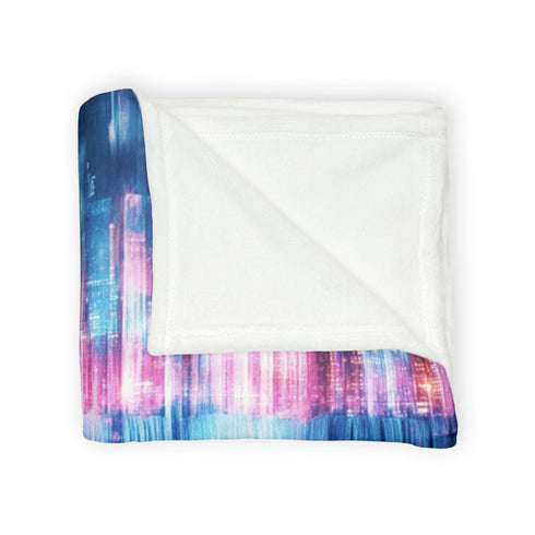 Digital Waterfall Cascading Across Skyline — 50×60 Plush Throw Blanket — Draped Over Sofa & Bed Lifestyle View