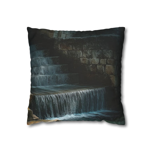 Digital Waterfall over Ancient Ruins — 40×40 Cushion Cover — Front 40×40 cm Square Cushion View