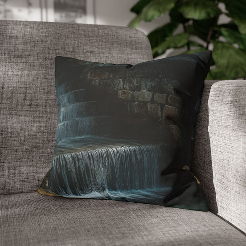 Digital Waterfall over Ancient Ruins — 40×40 Cushion Cover — Double-Sided Back & Concealed Zip Detail