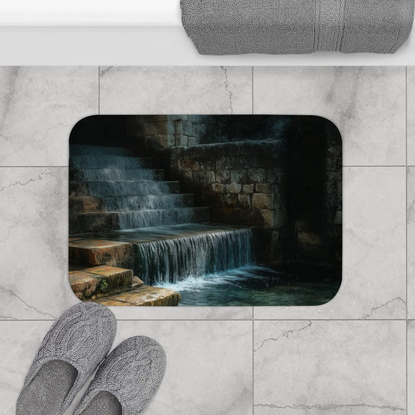 Digital Waterfall Over Ancient Ruins — Memory Foam Bath Mat — Modern Bathroom Floor Lifestyle View