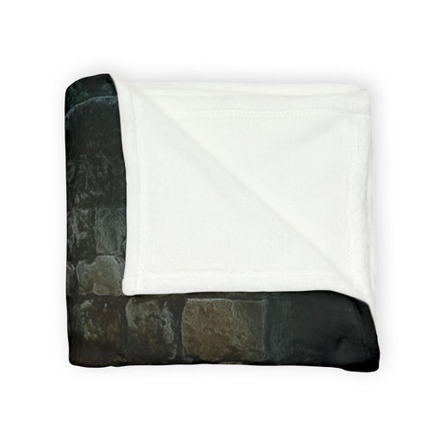 Digital Waterfall over Ancient Ruins — 50×60 Plush Throw Blanket — Draped Over Sofa & Bed Lifestyle View
