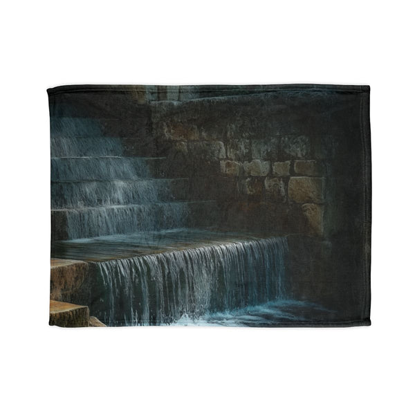 Digital Waterfall over Ancient Ruins Plush Fleece Throw Blanket