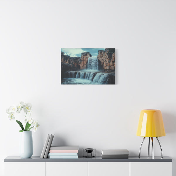 Digital Waterfall over Ancient Ruins — Stretched Canvas Wall Art — Living Room Wall Lifestyle View