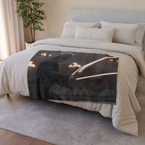 Dooku Wielding Curved Lightsaber — Plush Fleece Throw Blanket — Drape over Sofa & Bed Lifestyle View