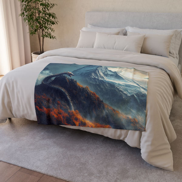 Dragon Curled Around a Mountain Peak (Edition III) — Plush Fleece Throw Blanket — Drape over Sofa & Bed Lifestyle View