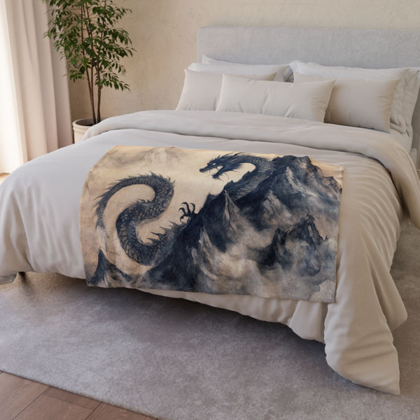 Dragon Curled Around a Mountain Peak — Plush Fleece Throw Blanket — Drape over Sofa & Bed Lifestyle View