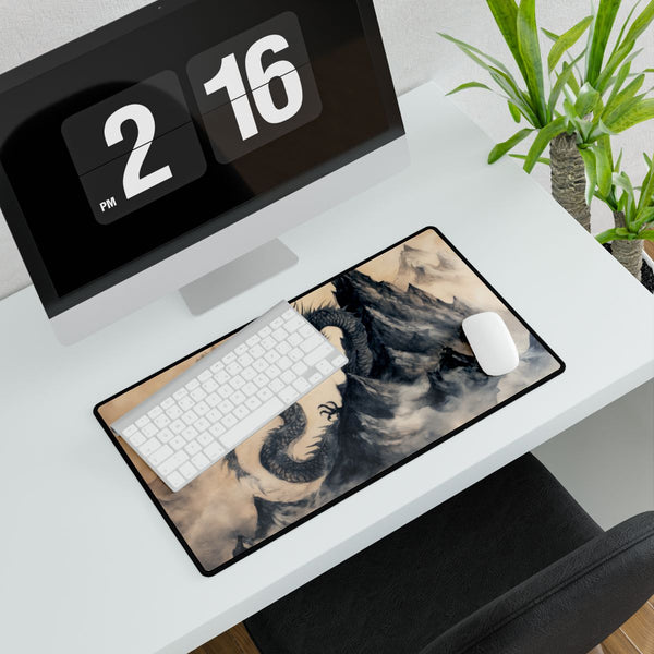 Dragon Curled Around a Mountain Peak — XXL Gaming Desk Mat — Gaming & Workspace Desk Setup View