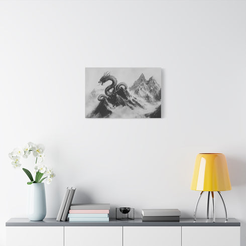 Dragon Curled Around Mountain Peak — Stretched Canvas Wall Art — Living Room Wall Lifestyle View