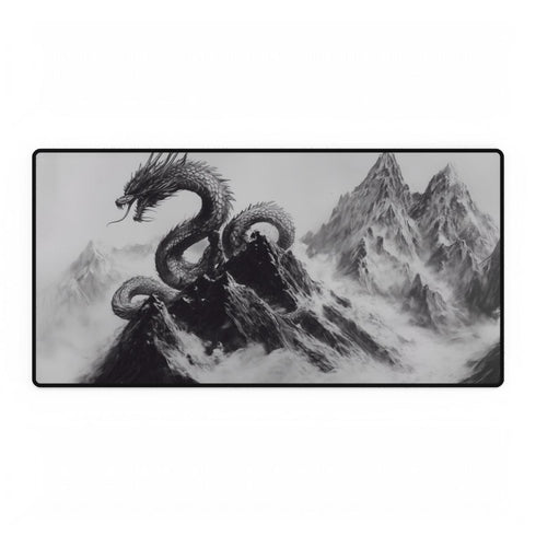 Dragon Curled Around Mountain Peak — XXL Gaming Desk Mat — Full Top-Down Artwork View