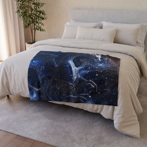 Dragon Shaped Constellation in Deep Space — Plush Fleece Throw Blanket — Drape over Sofa & Bed Lifestyle View