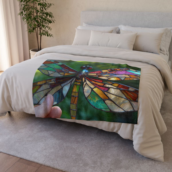 Dragonfly with Stained Glass Wings (Edition III) — Plush Fleece Throw Blanket — Drape over Sofa & Bed Lifestyle View
