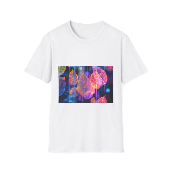 Dreamscape with Levitating Neon Leaves — Graphic Cotton T-Shirt — Front Graphic Print View