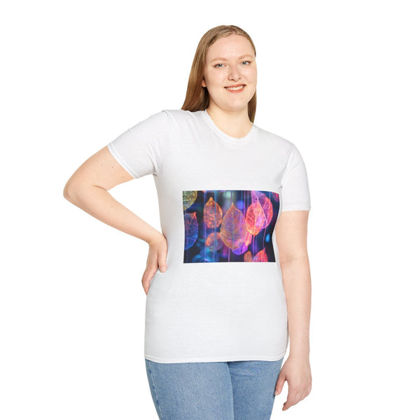Dreamscape with Levitating Neon Leaves — Graphic Cotton T-Shirt — Model Streetwear Fit View