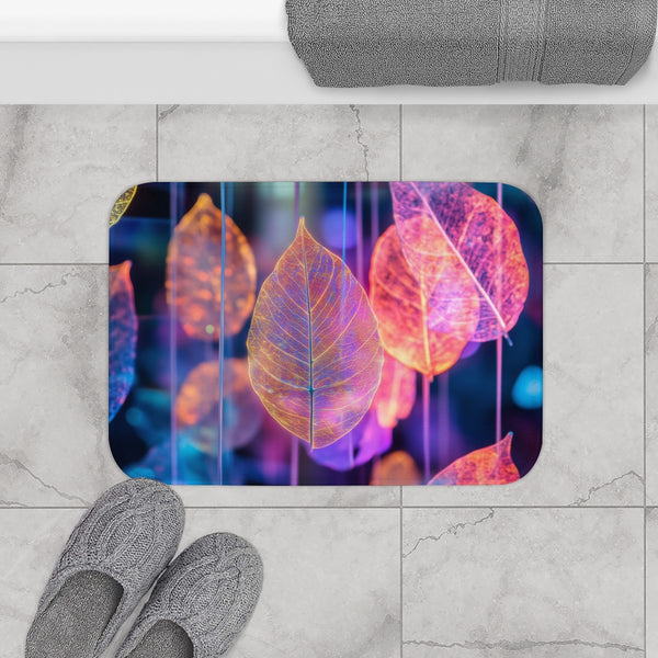 Dreamscape with Levitating Neon Leaves — Memory Foam Bath Mat — Modern Bathroom Floor Lifestyle View
