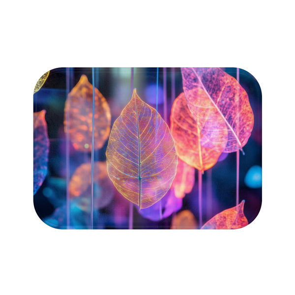 Dreamscape with Levitating Neon Leaves — Memory Foam Bath Mat — Top-Down Memory Foam Bath Mat View