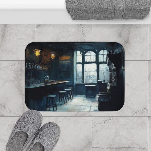 Dreary English Pub Painting Luxury Memory Foam Bath Mat - Bathroom Lifestyle View