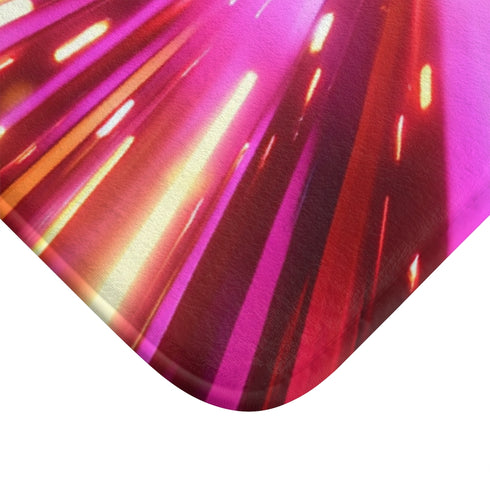 Dynamic Neon Prism Light Rays Abstract — Non-Slip Bath Mat — Cushioned Memory Foam & Non-Slip Backing Detail