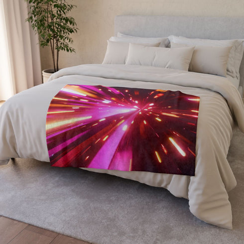 Dynamic Neon Prism Light Rays Abstract — 50×60 Plush Throw Blanket — Draped Over Sofa & Bed Lifestyle View