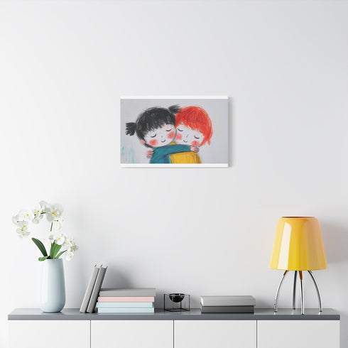 Whimsical Playful Children Hugging Art — Stretched Canvas Wall Art — Living Room Wall Lifestyle View
