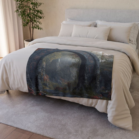 Enchanted Forest Gate with Runes (Edition II) — 50×60 Plush Throw Blanket — Draped Over Sofa & Bed Lifestyle View