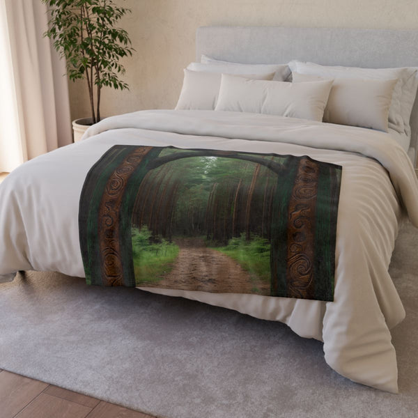 Enchanted Forest Gate with Runes (Edition III) — Plush Fleece Throw Blanket — Drape over Sofa & Bed Lifestyle View