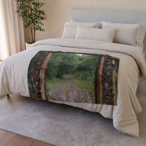 Enchanted Forest Gate with Runes (Edition IV) — Plush Fleece Throw Blanket — Drape over Sofa & Bed Lifestyle View