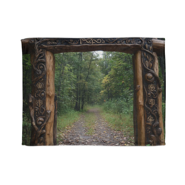 Enchanted Forest Gate with Runes (Edition IV) — Plush Fleece Throw Blanket — Full Spread Plush Fleece Artwork View