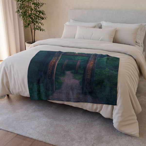 Enchanted Forest Gate with Runes — Plush Fleece Throw Blanket — Drape over Sofa & Bed Lifestyle View