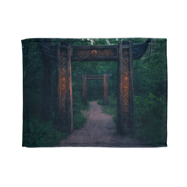 Enchanted Forest Gate with Runes — Plush Fleece Throw Blanket — Full Spread Plush Fleece Artwork View