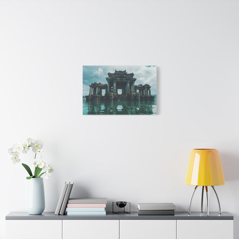 Epic Showdown on Floating Ruins — 24×16 Canvas Wall Art — Living Room Wall Lifestyle View