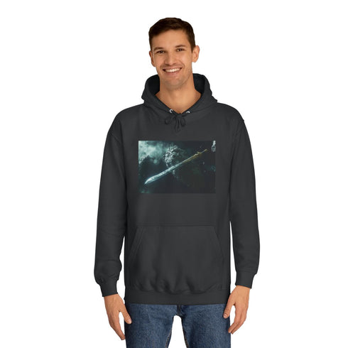 Epic Sword Embedded in Asteroid Graphic Unisex College Hoodie - Lifestyle Model View