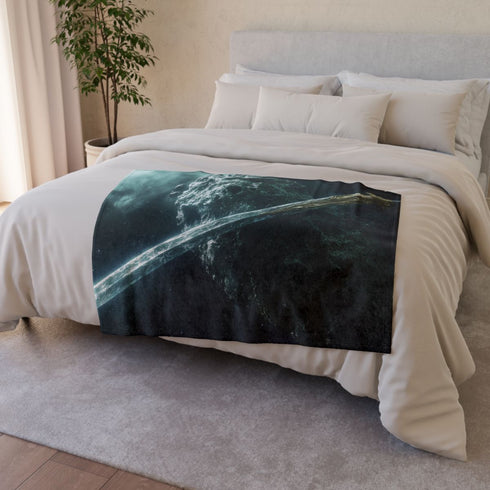 Epic Sword Embedded in Asteroid — 50×60 Plush Throw Blanket — Draped Over Sofa & Bed Lifestyle View