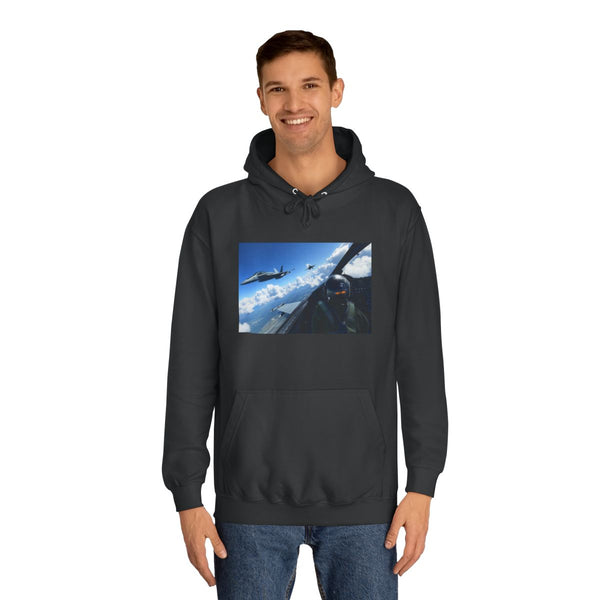 F-14 Tomcat Supersonic Fighter Jet in Flight — Heavyweight Graphic Hoodie — Model Streetwear Fit View