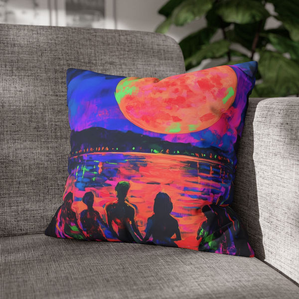 Festival Concert Night Full Moon Neon Colors Painti — Double-Sided Cushion Cover — Sofa & Armchair Living Room Lifestyle View