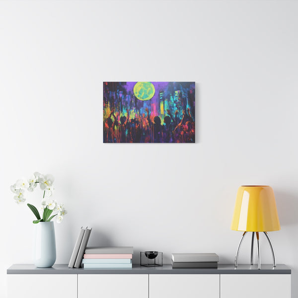 Festival Concert Night Full Moon Neon Colors Painti (Edition III) — Stretched Canvas Wall Art — Living Room Wall Lifestyle View