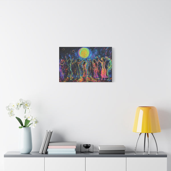 Festival Concert Night Full Moon Neon Colors Painti (Edition V) — Stretched Canvas Wall Art — Living Room Wall Lifestyle View