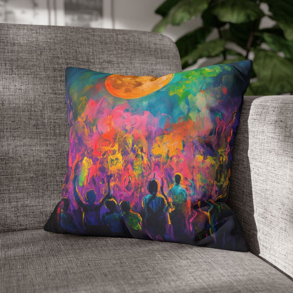 Festival Concert Night Full Moon Neon Colors Painti (Edition VII) — Double-Sided Cushion Cover — Sofa & Armchair Living Room Lifestyle View