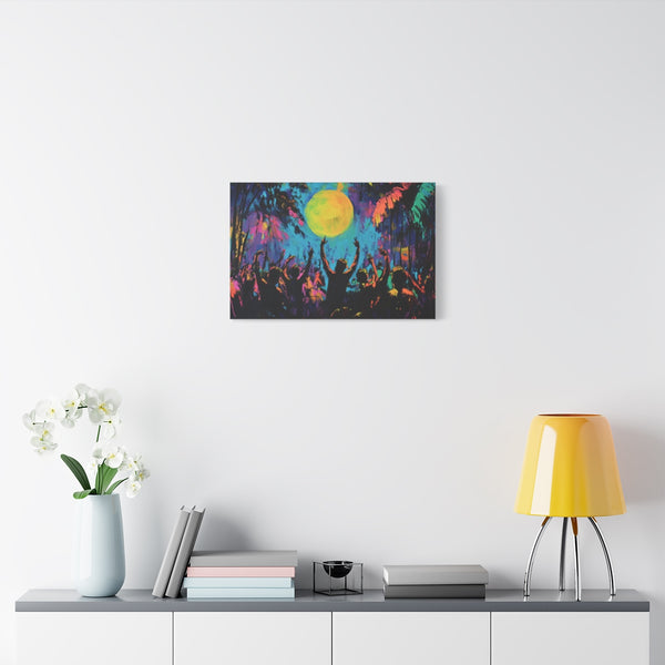 Festival Concert Night Full Moon Neon Colors Painti — Stretched Canvas Wall Art — Living Room Wall Lifestyle View