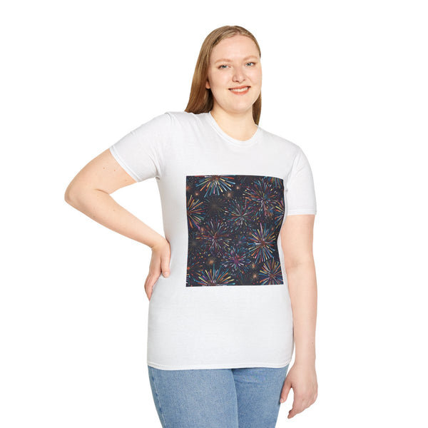 Vibrant Night Sky Fireworks Pattern — Graphic Cotton T-Shirt — Model Streetwear Fit View