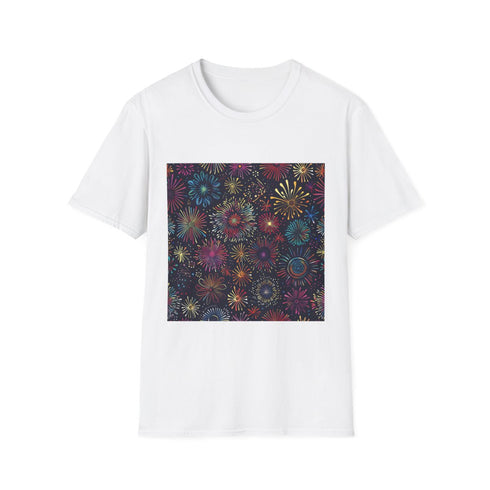 Vibrant Fireworks Seamless Pattern — Graphic Cotton T-Shirt — Front Graphic Print View