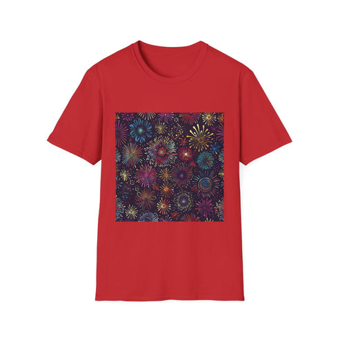 Vibrant Fireworks Seamless Pattern — Graphic Cotton T-Shirt — 100% Ring-Spun Cotton Fabric & Print Detail