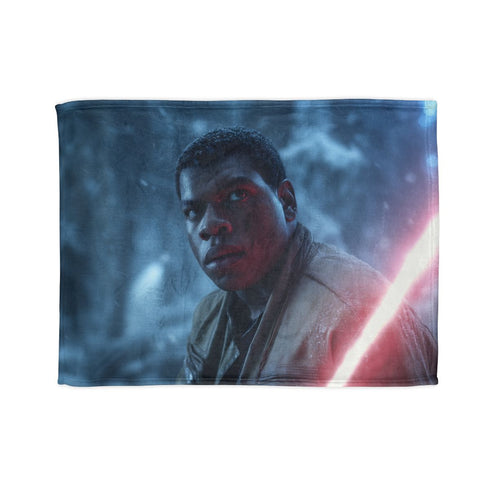 Finn Holding Lightsaber in Snowy Fores — Plush Fleece Throw Blanket — Full Spread Plush Fleece Artwork View
