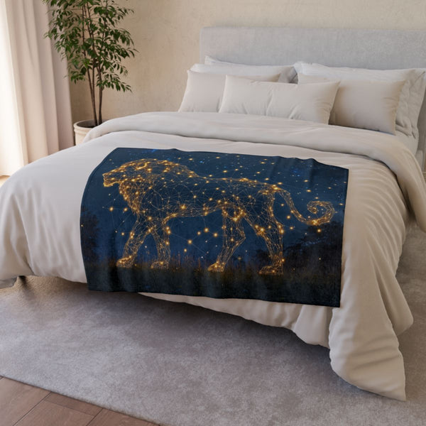 Firefly Constellation Forming Lion Shape — Plush Fleece Throw Blanket — Drape over Sofa & Bed Lifestyle View