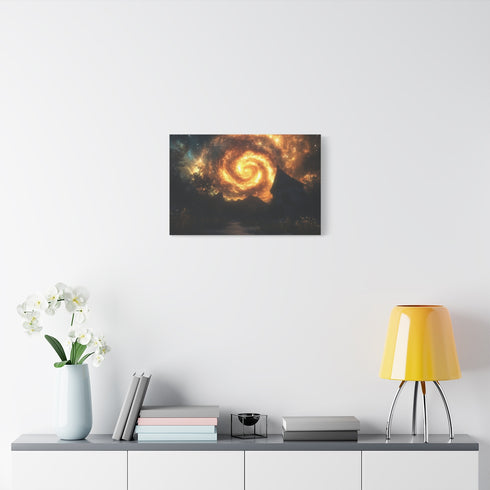 Flaming Spiral Galaxy over Lost Shrine — Stretched Canvas Wall Art — Living Room Wall Lifestyle View